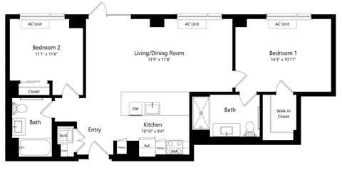 Floor plan for 2 beds, 2 baths